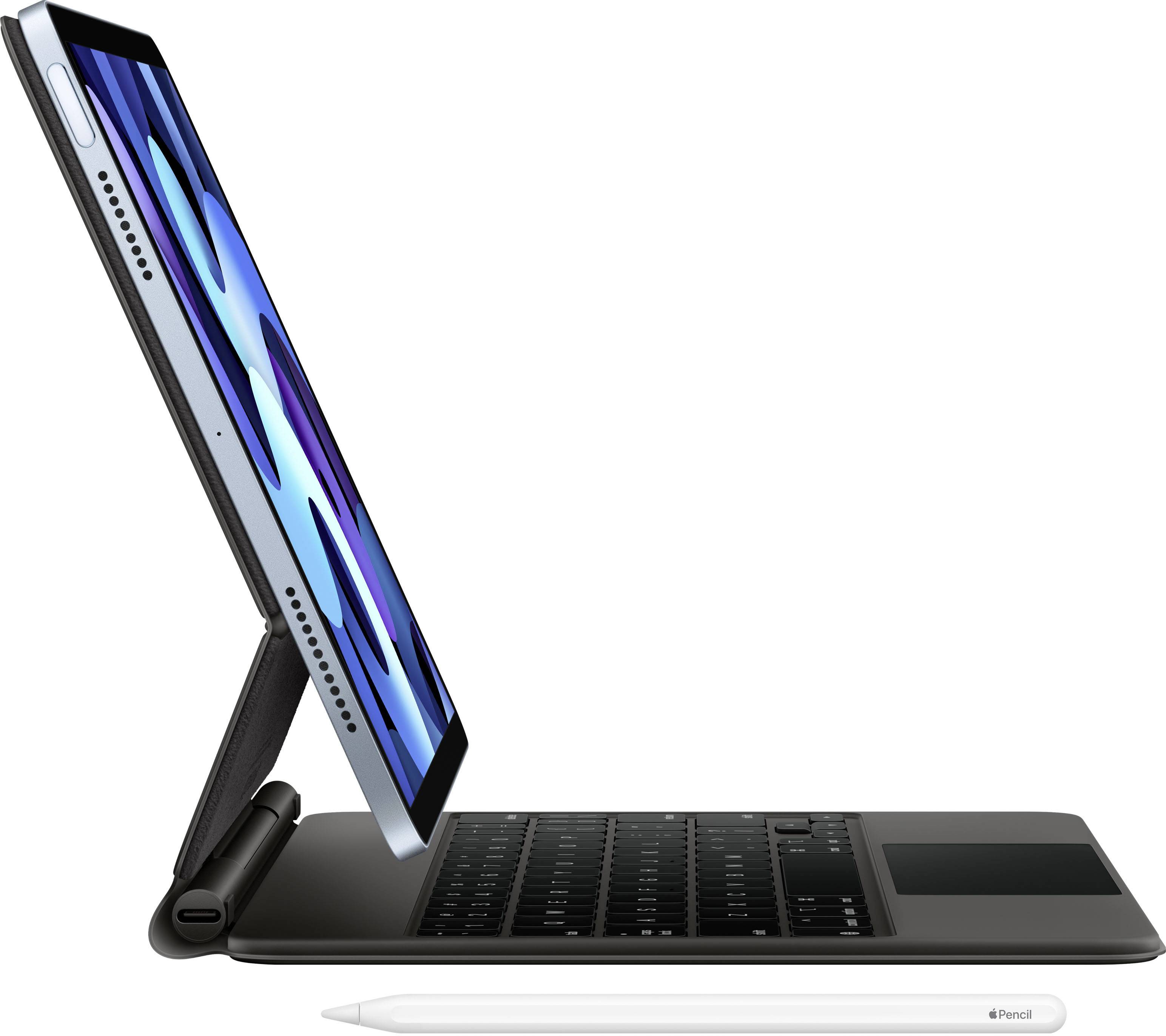 Sidevinkelbillede af et tablet på et tastatur-dock med en stylus foran. Displayet viser et abstrakt blåt mønster.