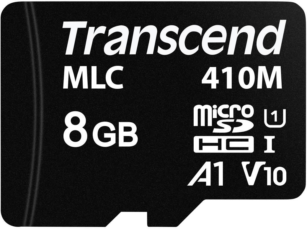 Transcend 8 GB microSD-kort, MLC, 410M, microSDHC, UHS-I, A1, V10. Sort med hvid tekst.