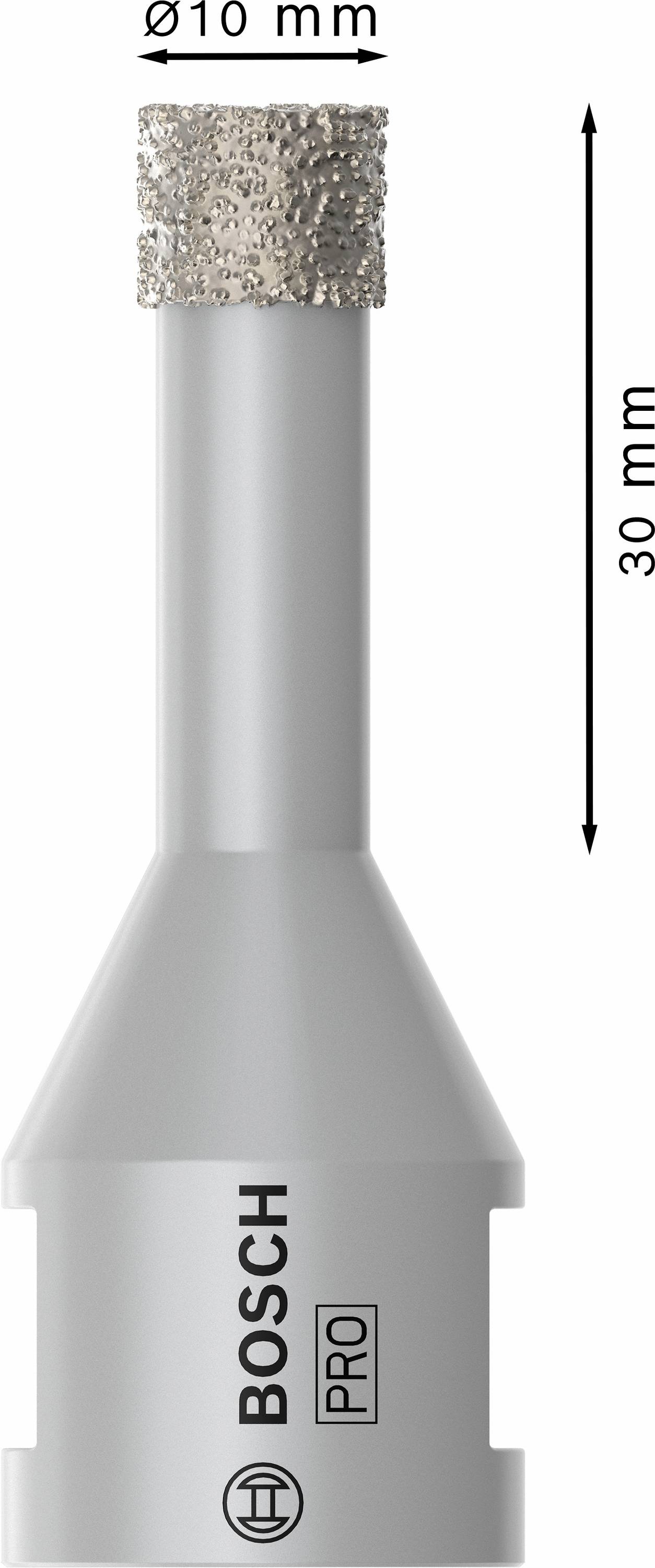 Diamantbor fra Bosch, 10 mm diameter, 30 mm længde. Egnet til præcis boring i hårde materialer.