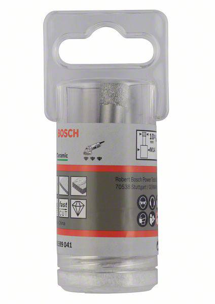 Emballage til Bosch diamantborsekrans, egnet til keramik. Indeholder tekniske specifikationer og produktoplysninger.
