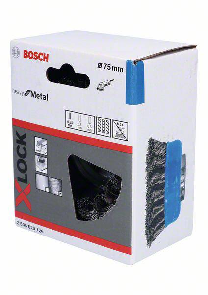 'Bosch X-LOCK børste, Ø 75 mm, egnet til metalrengøring, M14 gevind. Emballage med produktafbildning og symboler.'