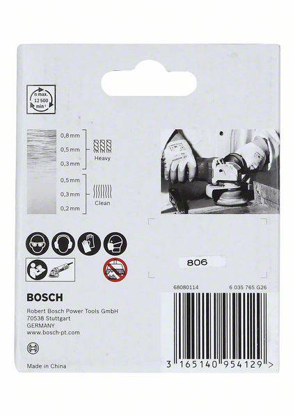 'Emballage til Bosch-slibeskiver: Forskellige kornstørrelser, egnet til Heavy og Clean, med sikkerhedsinstruktioner.'