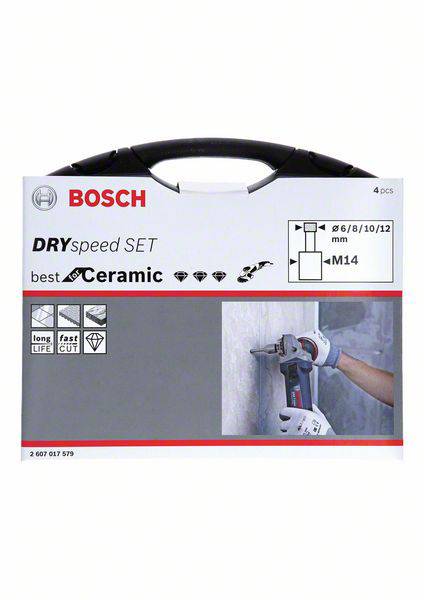Bosch DRYspeed sæt til keramik, indeholder fire diamantbor (Ø6/8/10/12 mm). Fremhæver hurtig og præcis skæreydelse.