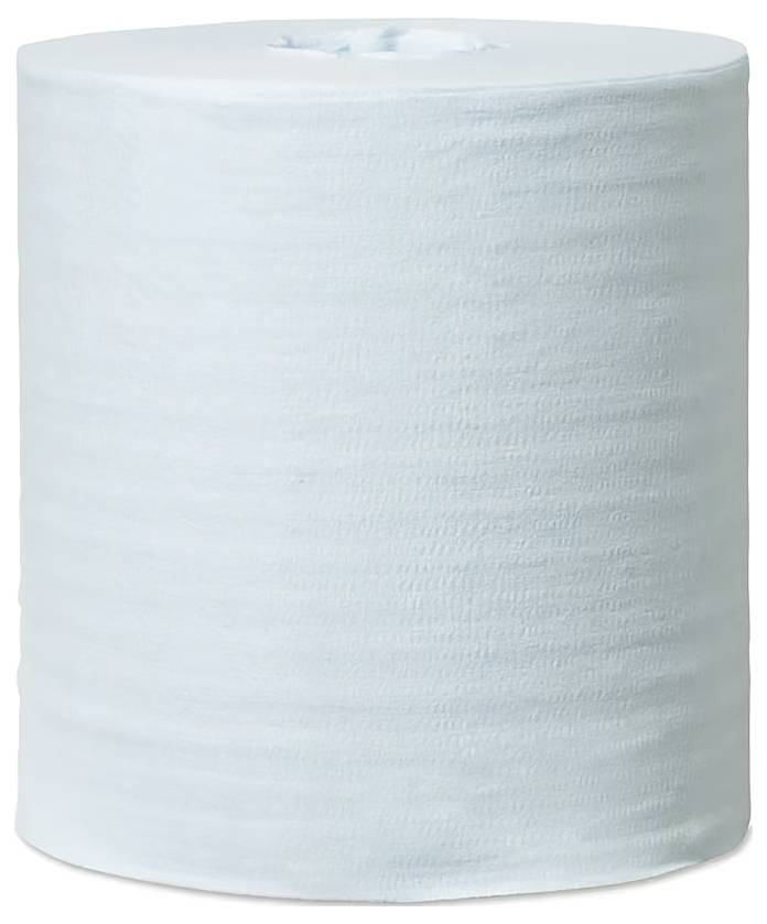 En stor hvid papirservietrulle med struktureret overflade og synlig indre cylinder, egnet til kommerciel eller husholdningsmæssig brug.