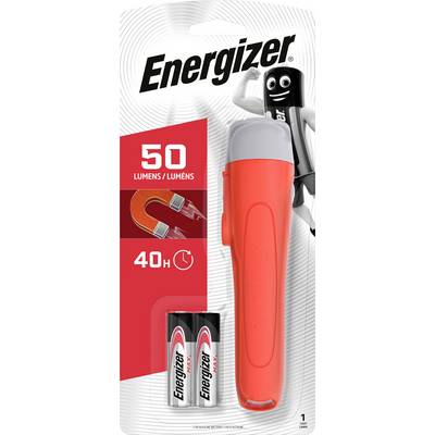 Lommelygte i rød emballage med 50 lumen og 40 timers driftstid. Inklusiv to AA-batterier. Mærke: Energizer.