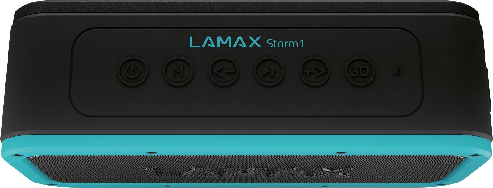 En sort og turkisfarvet bærbar højtaler med påskriften 'LAMAX Storm1'. Betjeningsknapper synlige øverst.