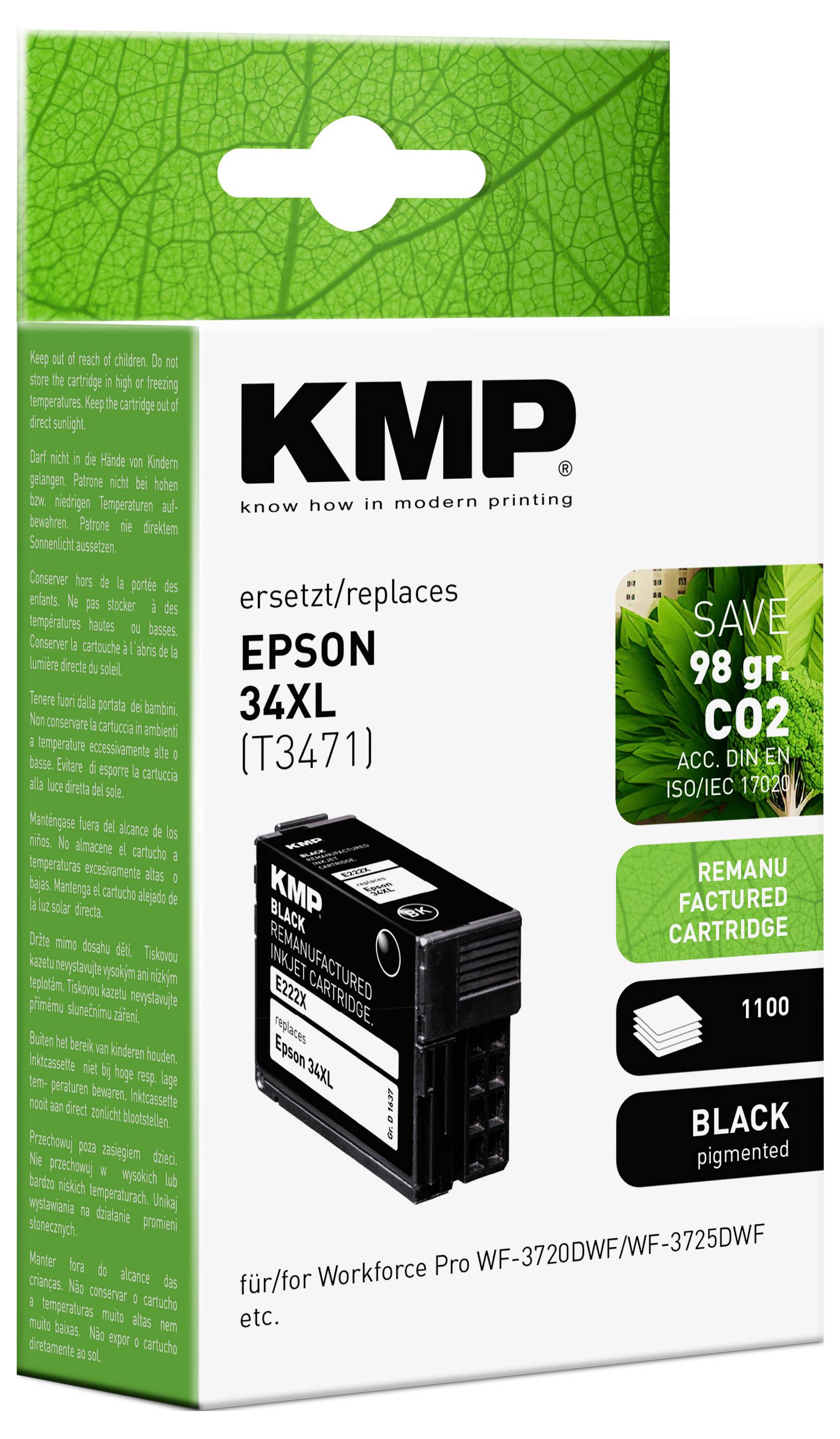 Boks med 'KMP' regenereret blækpatron til Epson 34XL printere, sort farve, som sparer 98g CO2, egnet til Workforce Pro modeller.