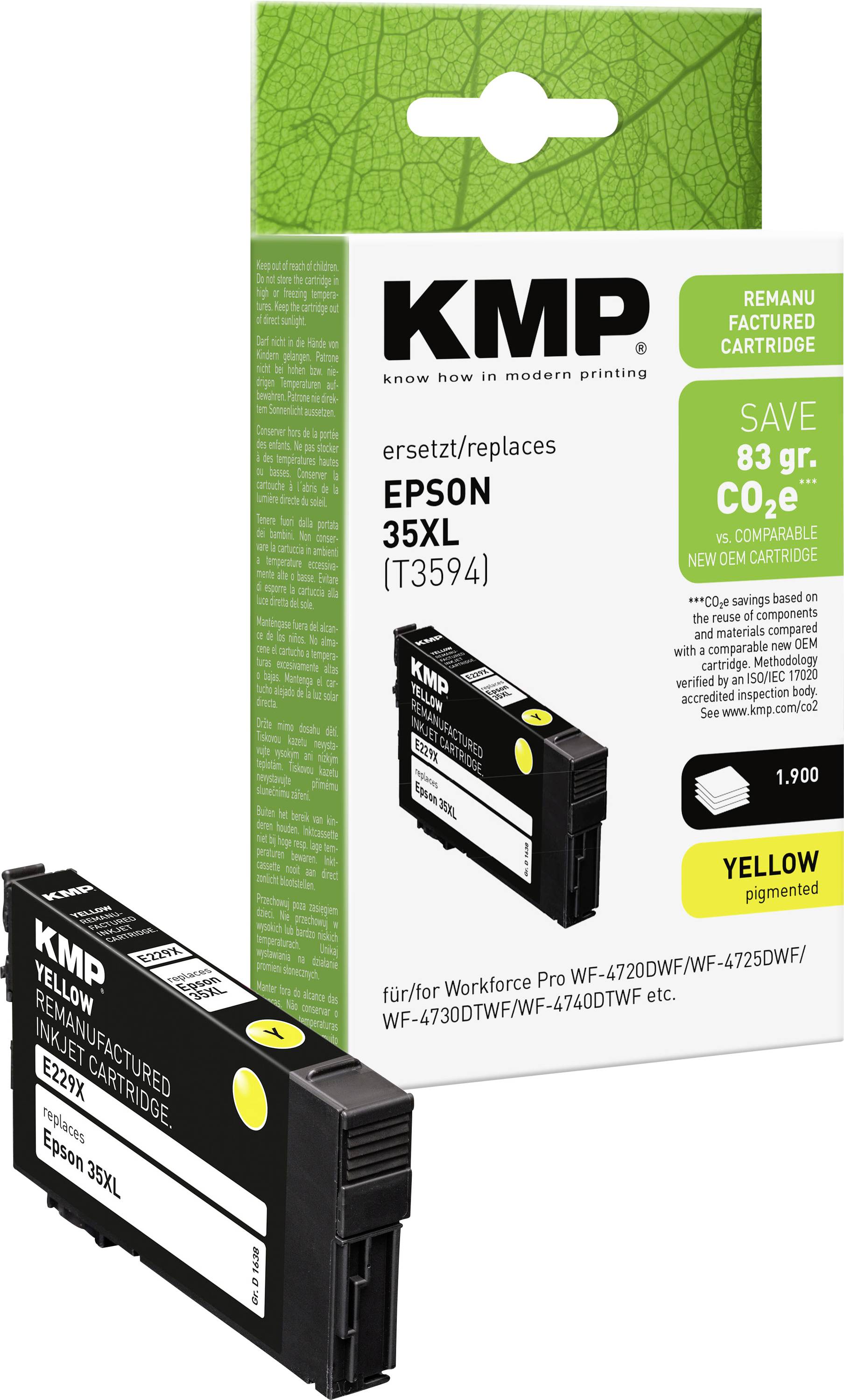 'KMP genopbygget gul blækpatron, erstatter Epson 35XL (T3594), kompatibel med udvalgte Epson Workforce Pro modeller.'
