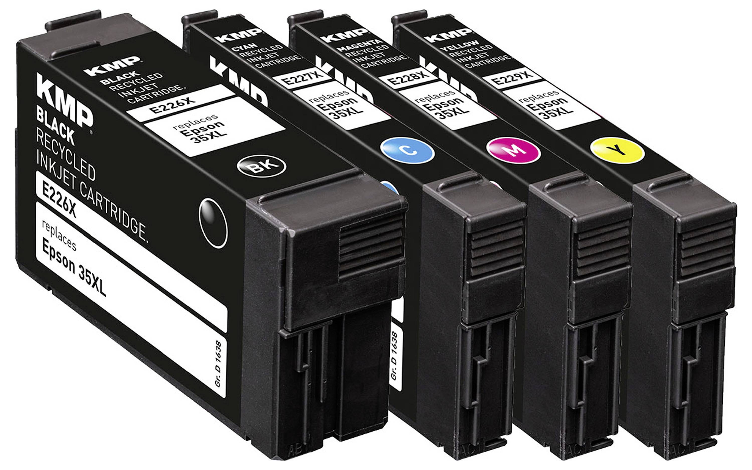 Fire blækpatroner mærket 'KMP' i sort, cyan, magenta og gul, kompatible med Epson 35XL-modeller.