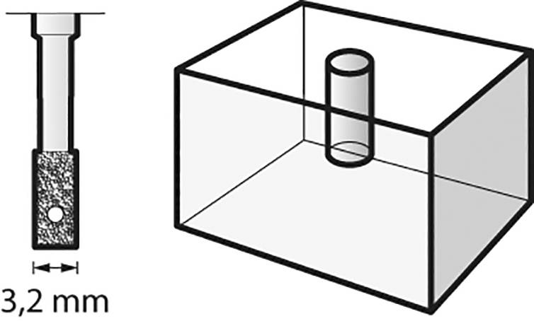 Illustration af en rektangulær beholder med en central, cylindrisk passage. Til venstre vises en 3,2 mm bred stang.