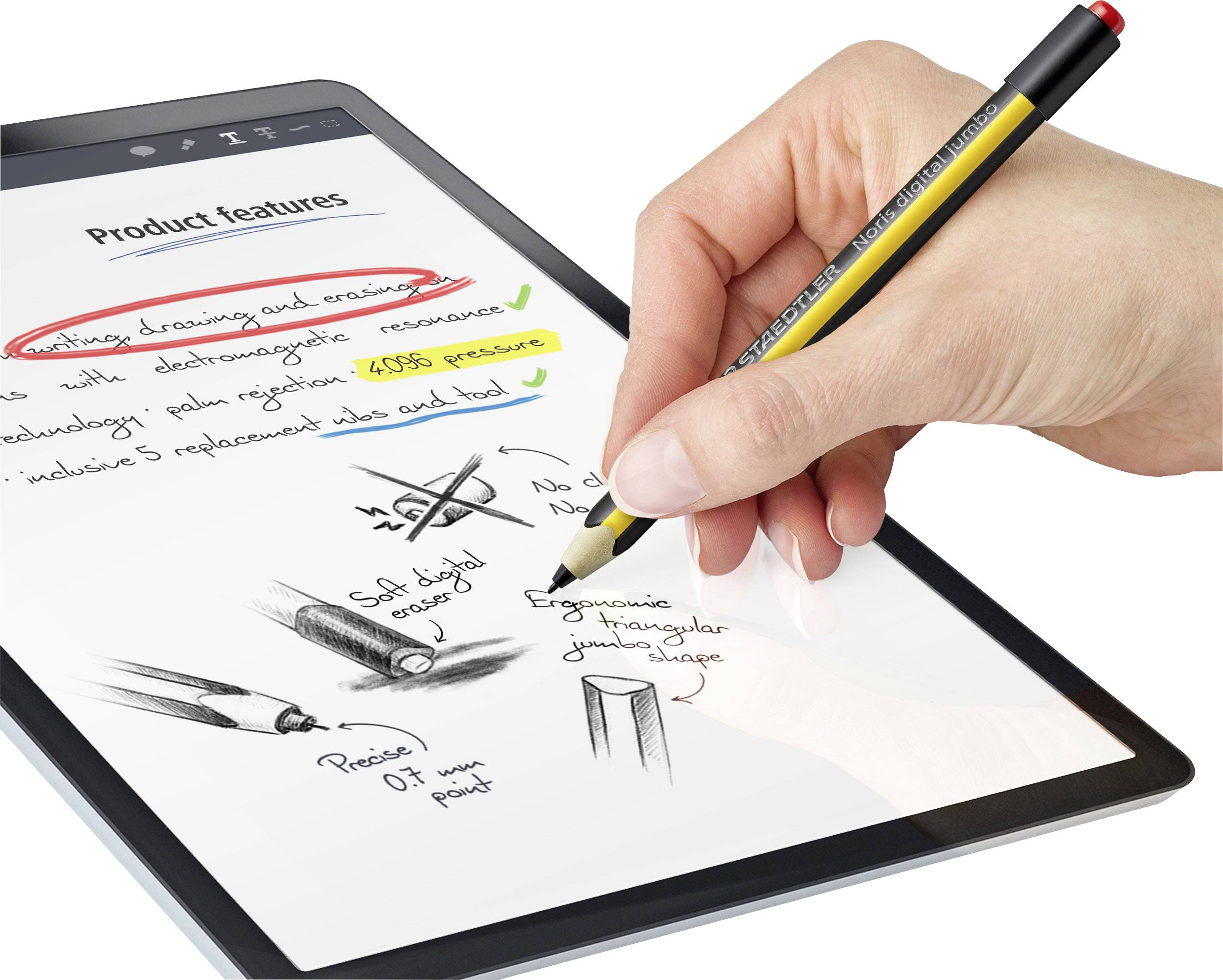 En hånd skriver med en stylus på en tablet. På skærmen ses noter og tegninger i forskellige farver.
