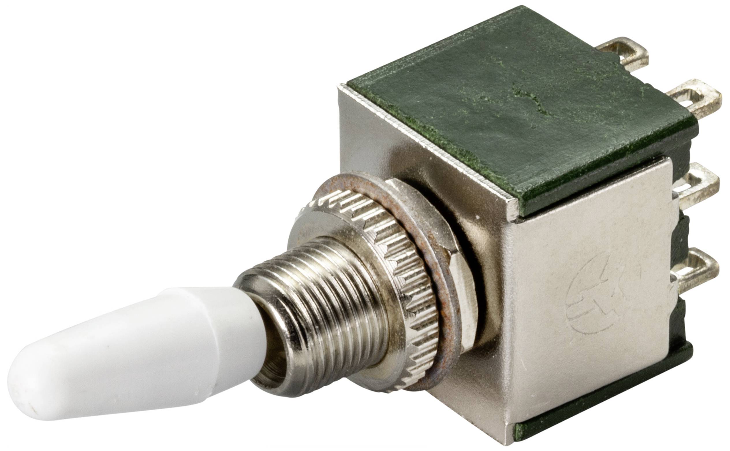 'Hvid vippeafbryder med metalkappe og tre metalstifter, egnet til elektroniske enheder, på hvid baggrund.'
