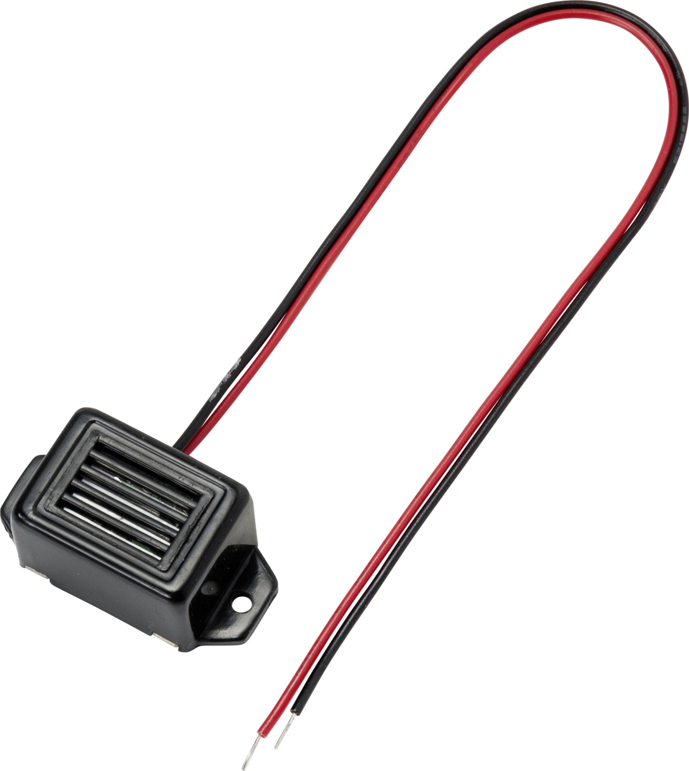 En sort elektronisk summer med røde og sorte forbindelseskabler.
