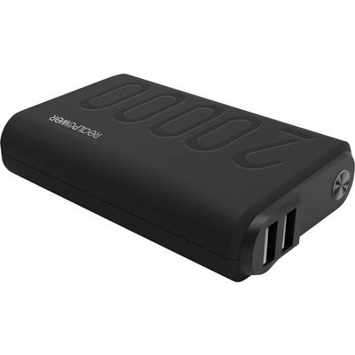 En sort powerbank med påskriften '20000' og to USB-porte i siden, egnet til opladning af elektroniske enheder.