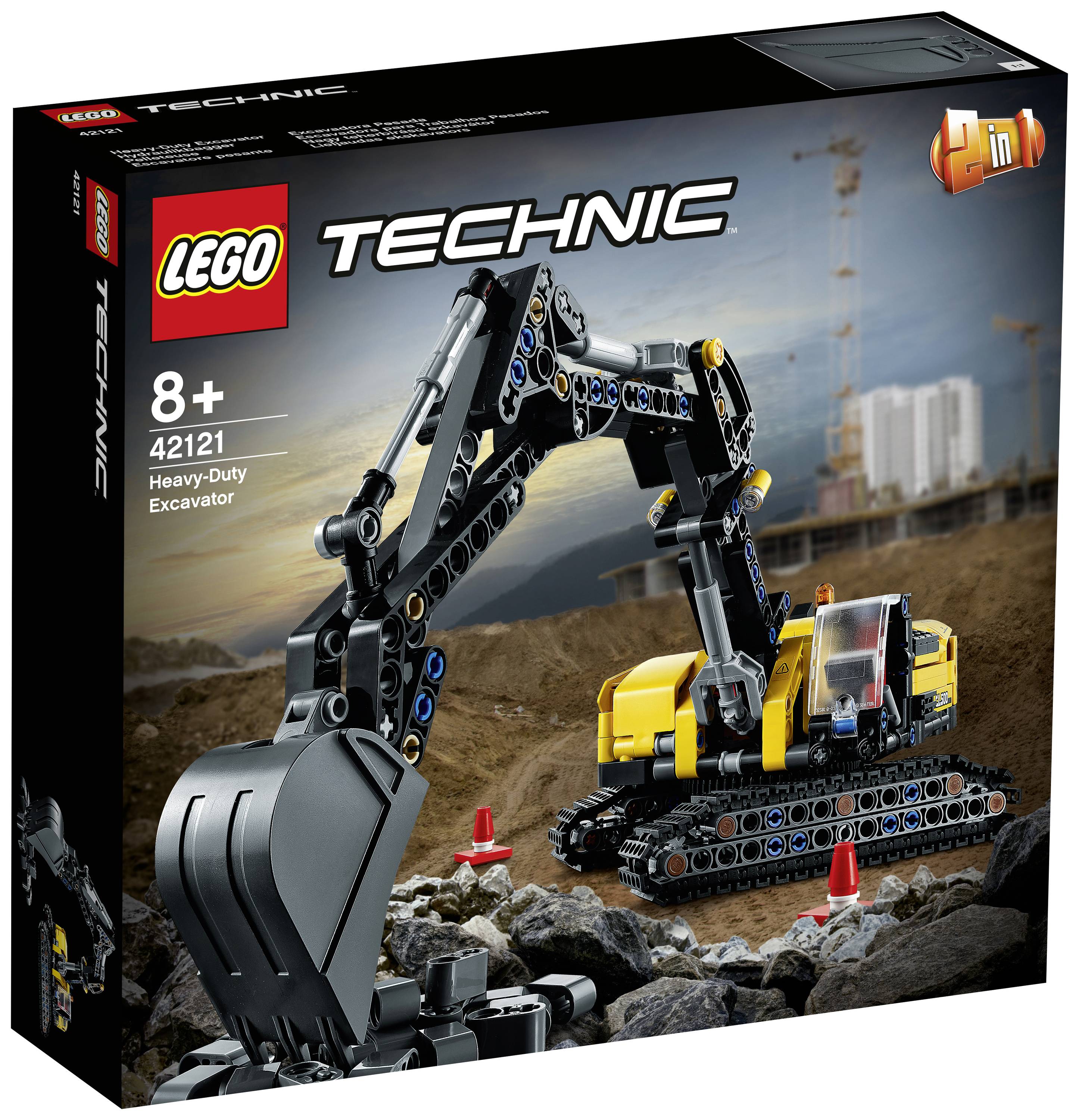 Emballagen viser en gul LEGO Technic gravemaskine på larvebånd, model 42121, beregnet for børn fra 8 år, i fuld aktivitet på en byggeplads.