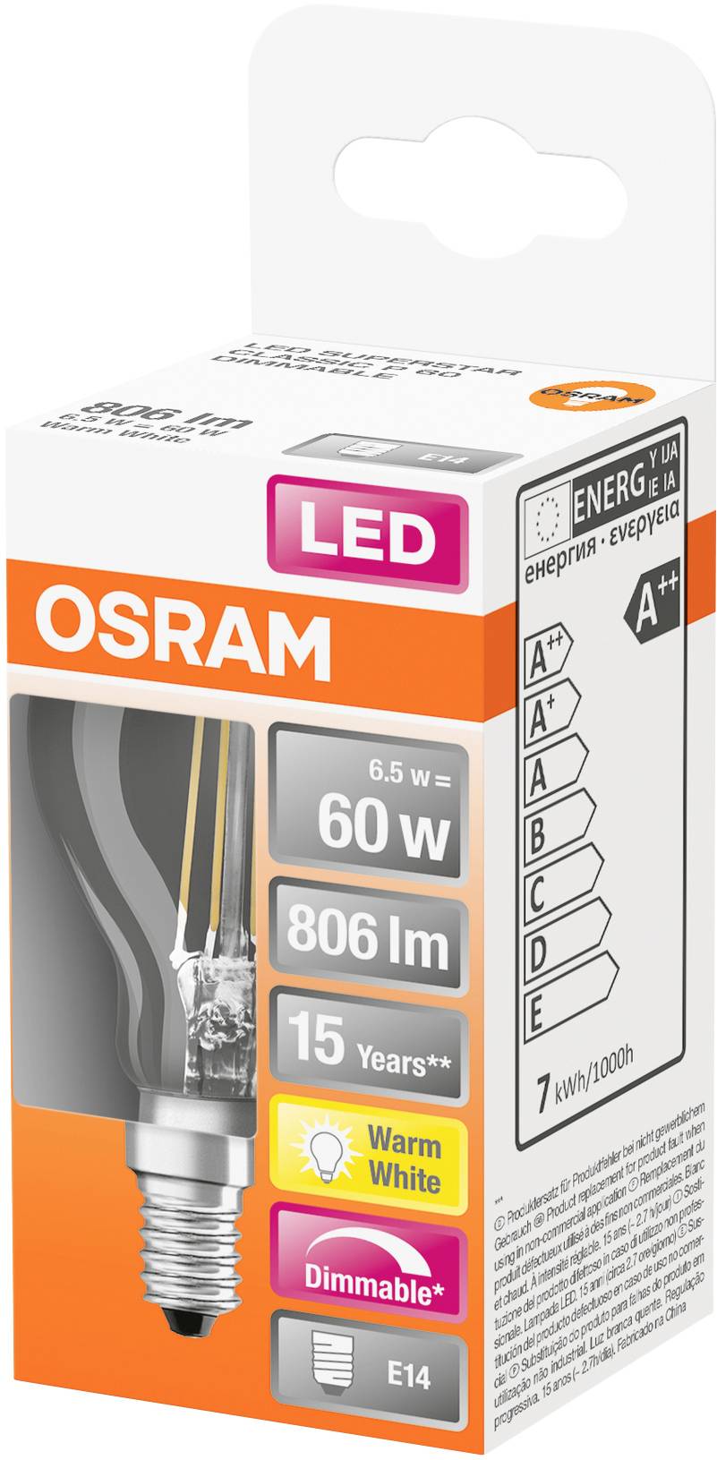 En LED-pære fra OSRAM-mærket. Pæren har 60 watt, 806 lumen, er dæmpbar, varmhvid og har energiklasse A+.