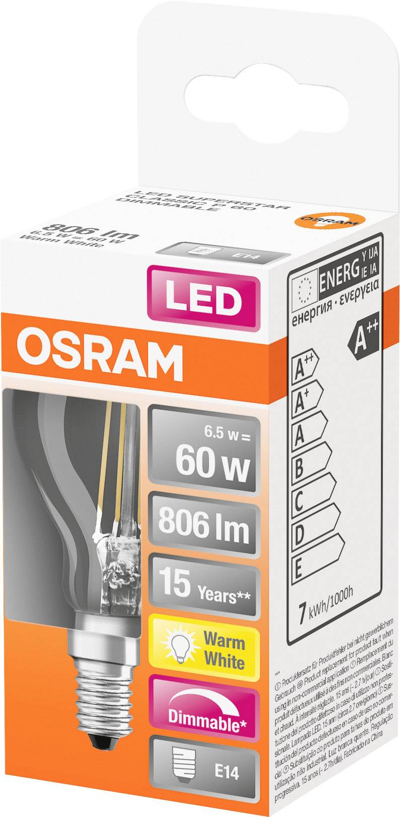 Emballage til OSRAM LED-pære, E14, 60W, 806 lumen, varmt hvidt lys, dæmpbar, energieffektivitet A+, holder i 15 år.