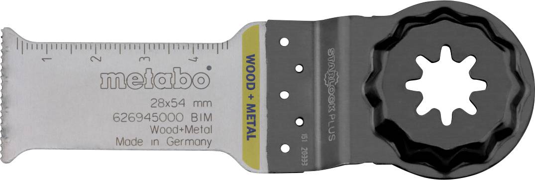 Metaloscillerende værktøjsblade mærket 'metabo' 28x54 mm, 626945000, Træ+Metal, med Starlock Plus-forbindelse og sort hurtigudløsnings-hub.