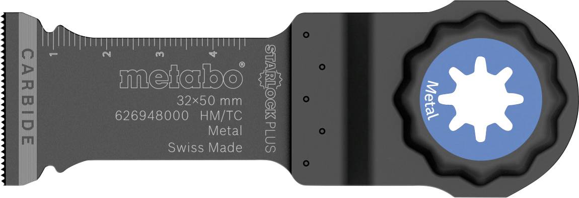 Hartmetallingesavsblad med sort håndtag og blåt 'metal'-låg, mærket Metabo 32x50 mm og 626948000, til metalskæring.