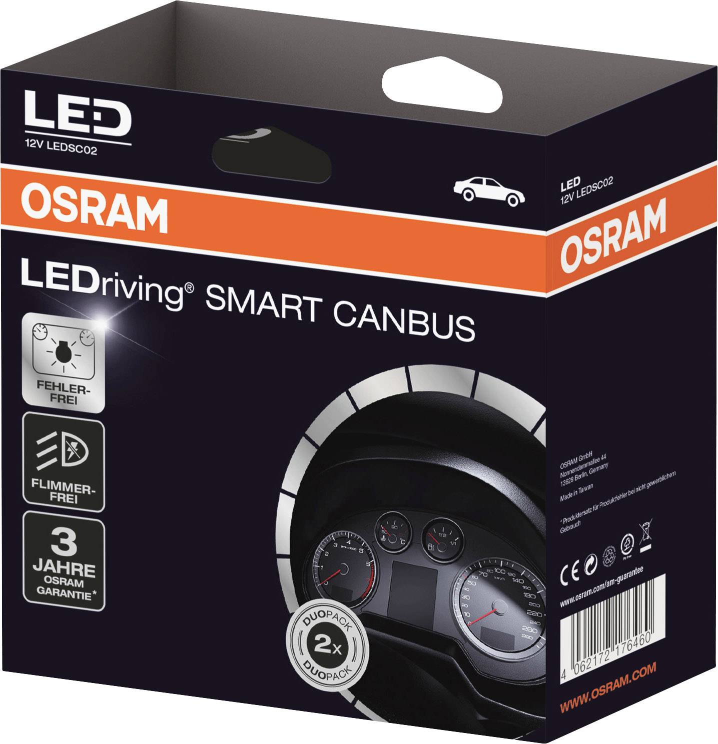 Osram LEDriving SMART CANBUS emballage, viser et instrumentbræt med speedometer. Indeholder produktegenskaber som fejlfri og uden flimmer.