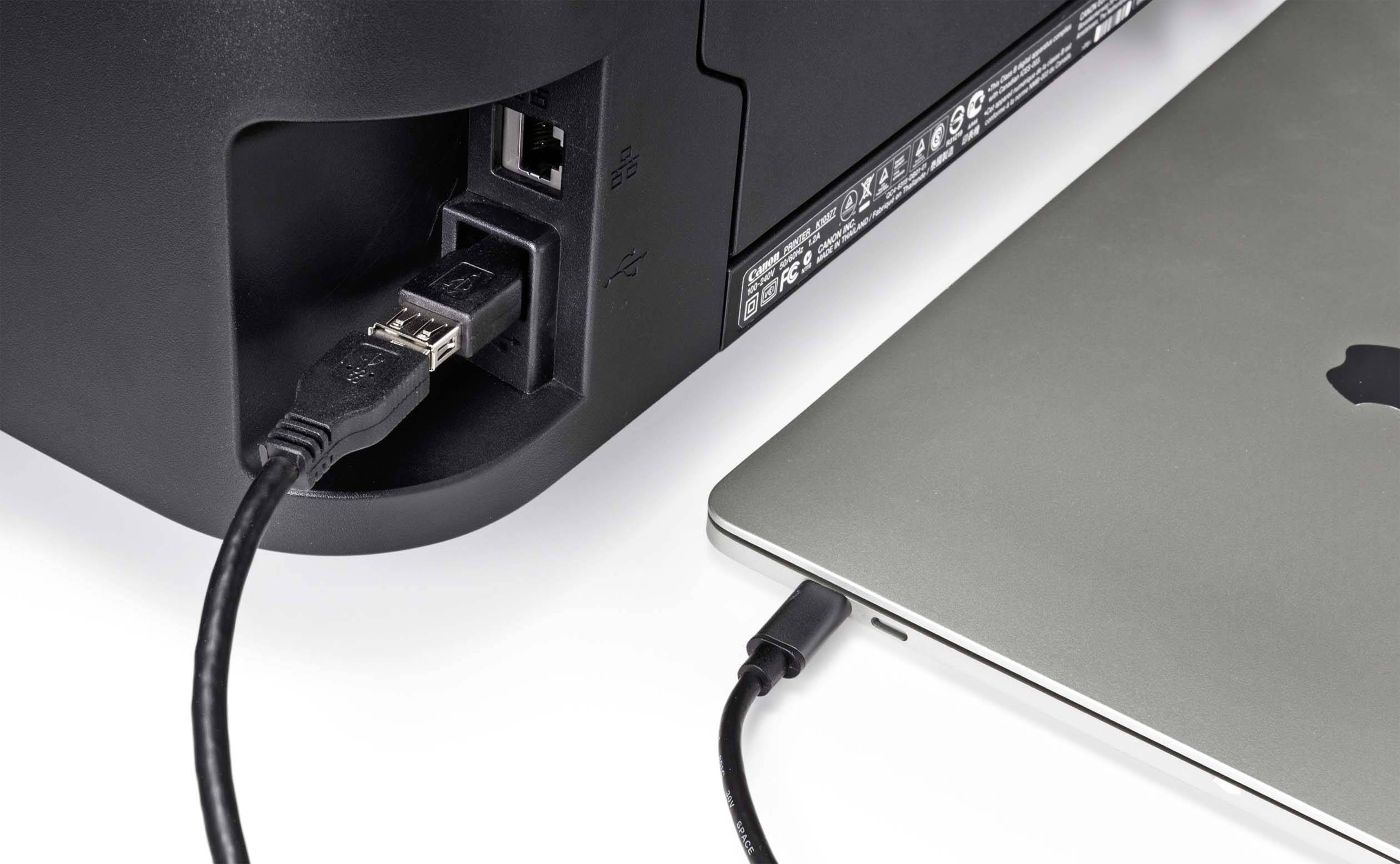 Bagsiden af en printer, der er forbundet med en bærbar computer via et USB-kabel. Den bærbare computer viser et USB-C-stik.