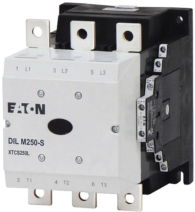 En sort og hvid kontaktor med påskriften 'Eaton DIL M250-S XTCS250L', som bruges til styring af elektriske kredsløb.