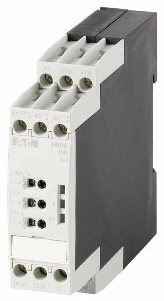 Et elektronisk relæenhed i et sort-hvidt kabinet med flere tilslutningsklemmer og betjeningsknapper på forsiden.