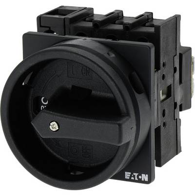 Drejeafbryder, sort, med påskrifterne "I" og "O" for Til/Fra. Varemærke nederst til højre. Elektrisk komponent.