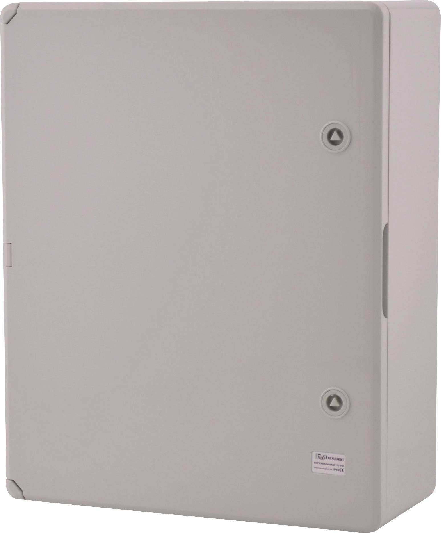 Rektangulær, grå elektrisk kontrolboks med to skruer foran; bruges til sikker opbevaring af elektroniske komponenter.