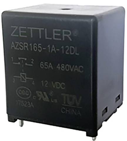 Relæ med påskriften 'Zettler AZSR165-1A-12DL', 65A, 480VAC, 12VDC. Sort kasse med fire tilslutningsben.