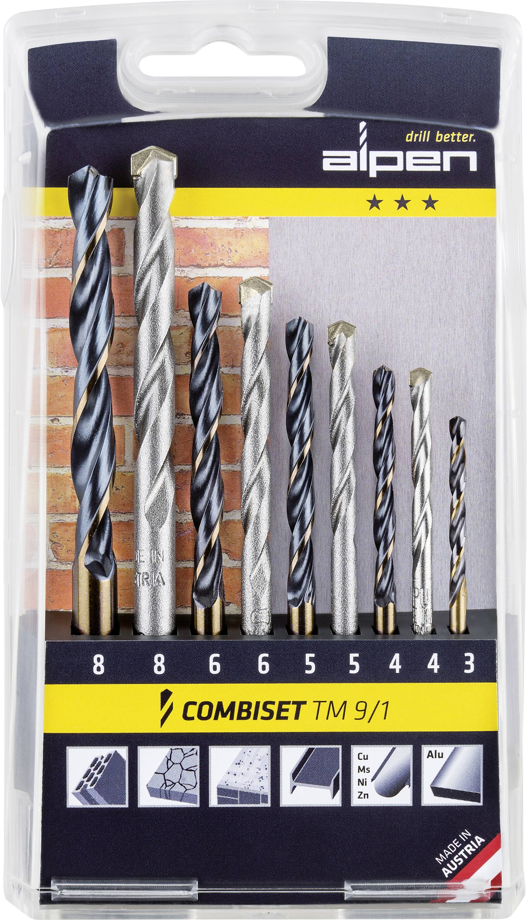 Alpen 0000802122100 TM 9/1 9 dele Universal-borsortiment Metal, Sten, Beton , Træ, Murværk 3 mm, 4 mm, 5 mm, 6 mm, 8 mm