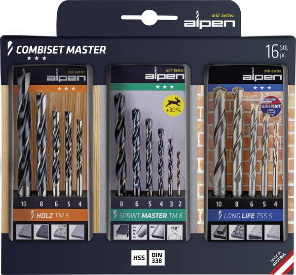 Alpen 0000811003100 Combiset Master 16 dele Universal-borsortiment Metal, Sten, Beton , Træ, Murværk 2 mm, 3 mm, 4 mm, 5 mm, 6 mm, 7 mm, 8 mm, 10 mm