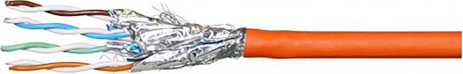 Afskærmet, orange Ethernet-kabel med blottede, snoede par i forskellige farver; velegnet til dataoverførsel.