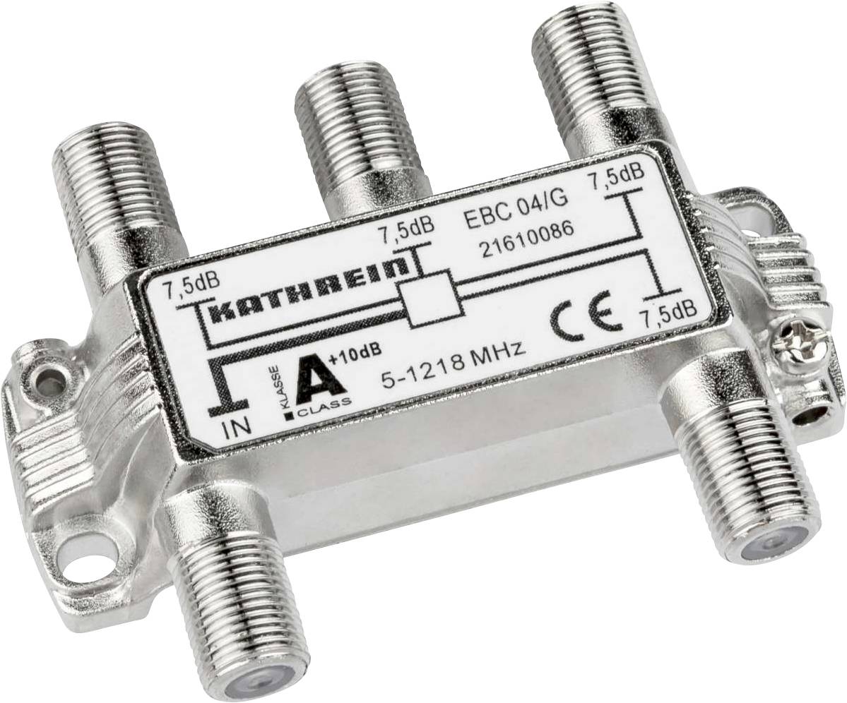 'KATHREIN EBC 04/IG' er en metalsplitter til tv-kabler med fire udgange, én indgang og et frekvensområde på 5-1218 MHz.