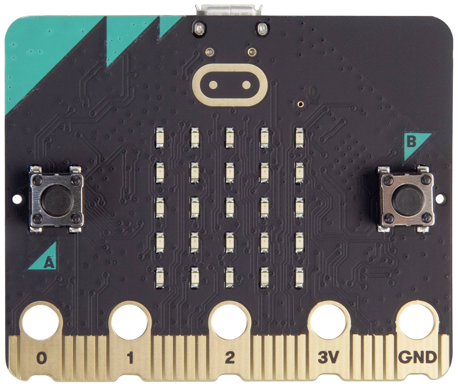 Mikrocontroller-plade med LED-matrix og to knapper, mærket 'A' og 'B', samt tilslutninger 0, 1, 2, 3V og GND.