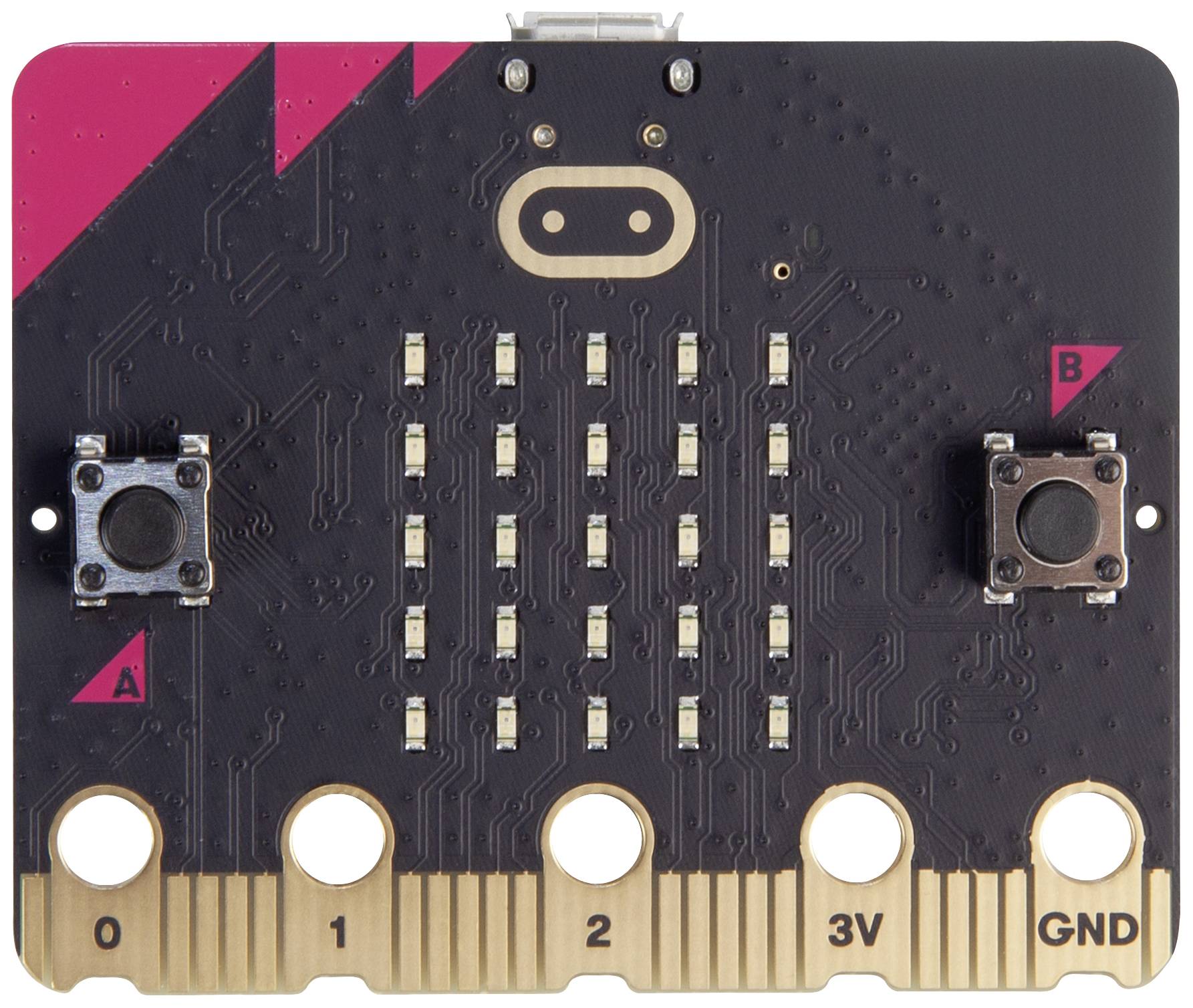 Mikrocontroller-plade med knapperne 'A' og 'B', flere LED-lys i midten og tilslutningerne '0', '1', '2', '3V', 'GND'.