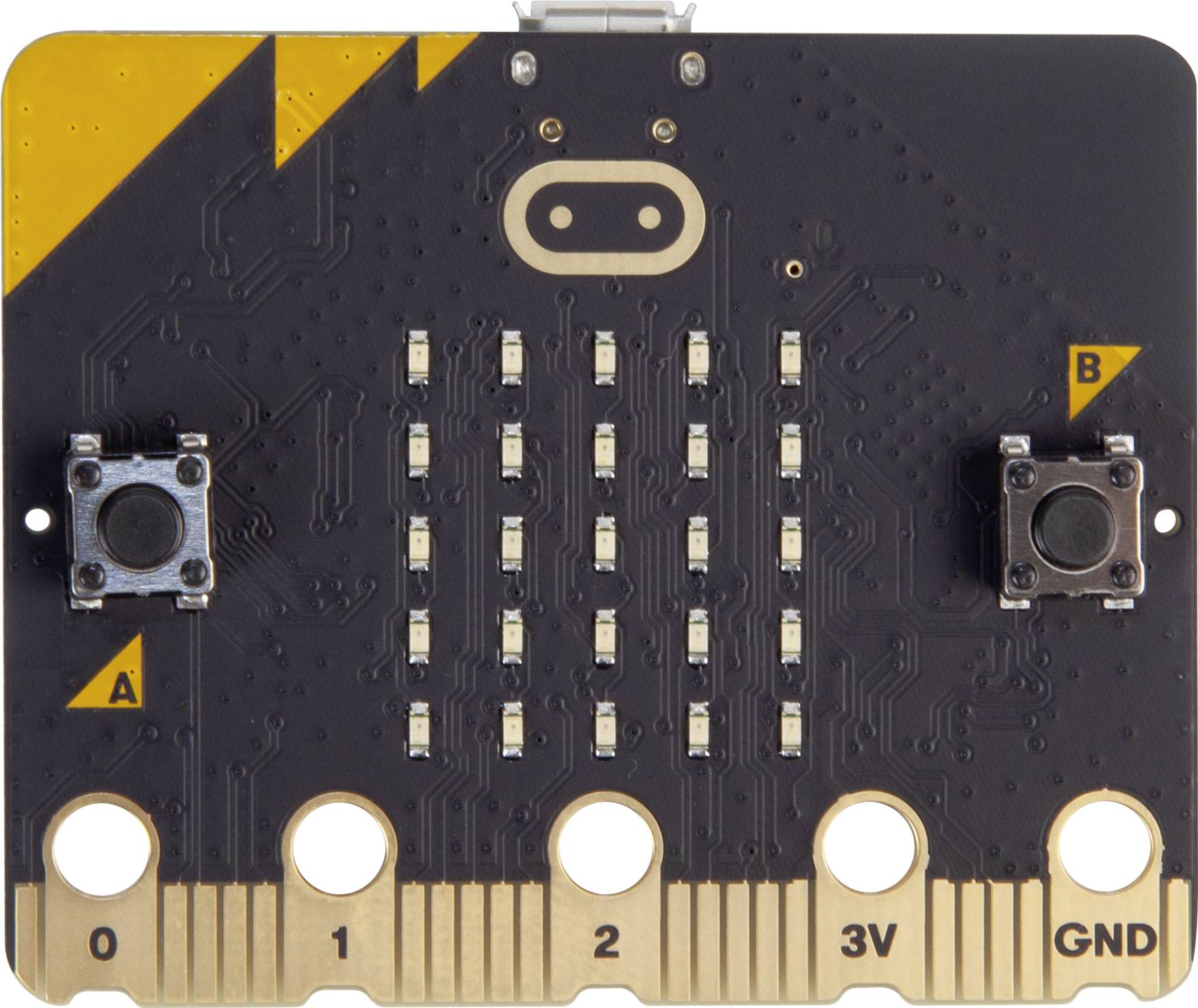 Elektronisk printplade med knapper, LED'er og tilslutninger. To knapper mærket 'A' og 'B', central LED-matrix, tilslutninger 0, 1, 2, 3V, GND.