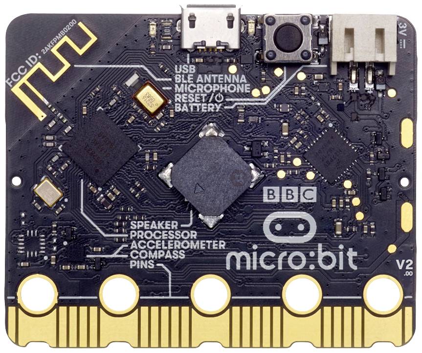 Mikrocontroller-plade med USB-port, mikrofon, reset/IO, batteritilslutninger, højtaler, processor, accelerometer, kompas og guldkontaktben.
