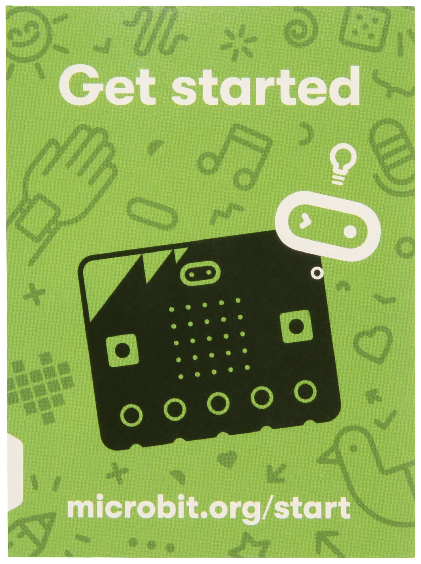 'Kom i gang' vejledning til microbit.org. Billedet indeholder et stiliseret kredsløbskort og symboler for musik, hjerte og lys på grøn baggrund.