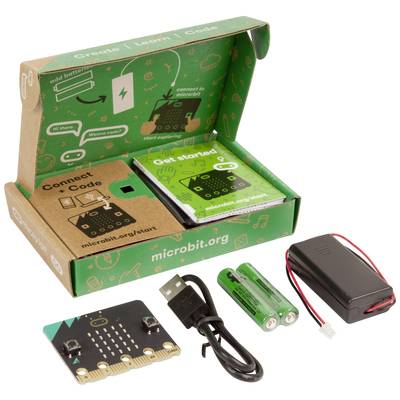 Micro:bit startpakke med plade, batteriholder, USB-kabel og batterier i en åben, grøn æske med vejledninger.