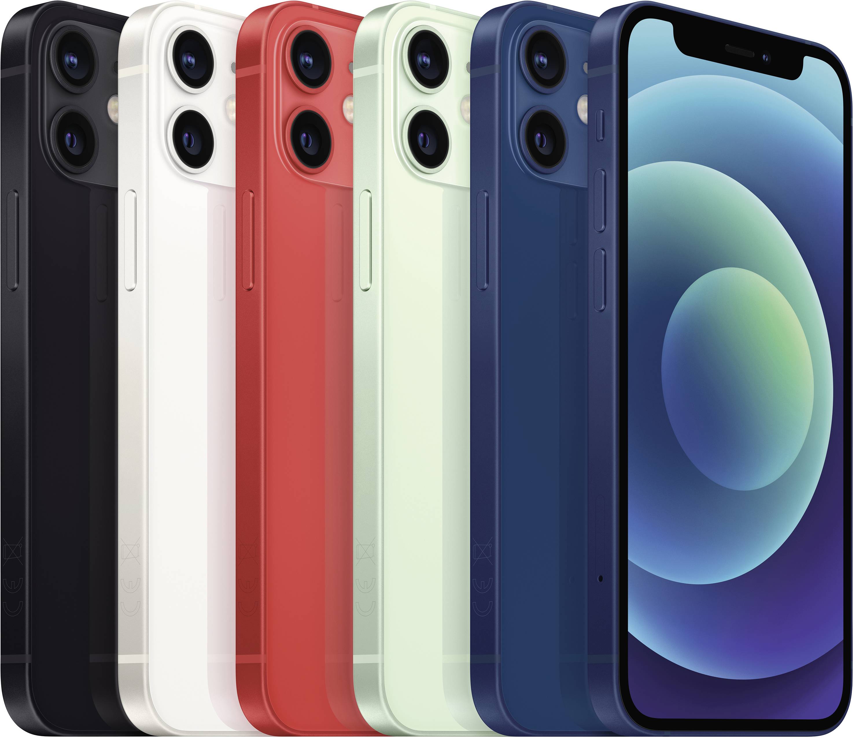 Seks smartphones i forskellige farver (sort, hvid, rød, grøn, blå, mørkeblå) stående ved siden af hinanden, for- og bagside synlige.