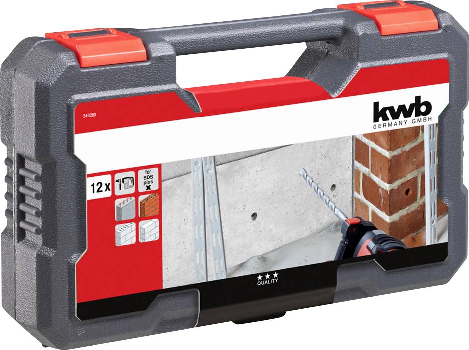 Værktøjskasse med bor, afbildet på beton og mursten, produktnavn 'kwb Germany GmbH', 12-delt.