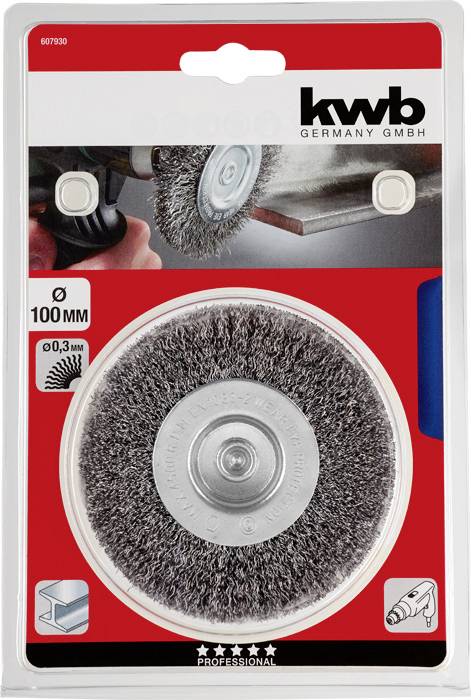 En ståltrådbørste fra KWB til boremaskiner med en diameter på 100 mm, ideel til rengøring og fjernelse af rust fra metaloverflader.