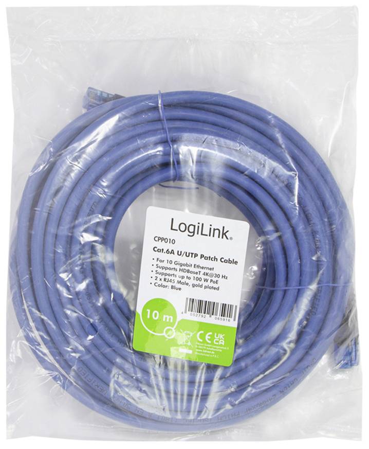 'LogiLink Cat.6A U/UTP Patch-kabel, 10 m, blå, understøtter 10 Gbit/s, pakket i plastpose.'