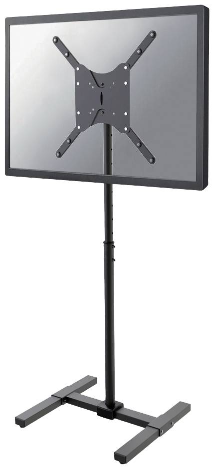 Et højdejusterbart sort TV-stativ med rektangulær base og beslag, velegnet til skærme, står opret.