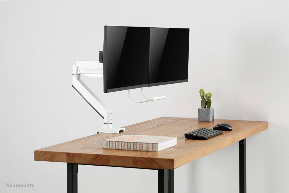 Et skrivebord med en dobbeltskærm, et tastatur og en mus. En lille kaktus i en potte står ved siden af.