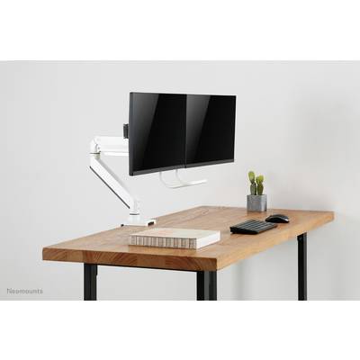 Et skrivebord med en dobbeltskærm, et tastatur og en mus. En lille kaktus i en potte står ved siden af.