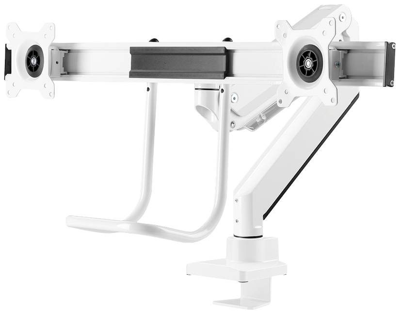 En hvid, dobbelt monitorarm med fleksible led til fastgørelse på et bord, som muliggør justering af monitorerne.