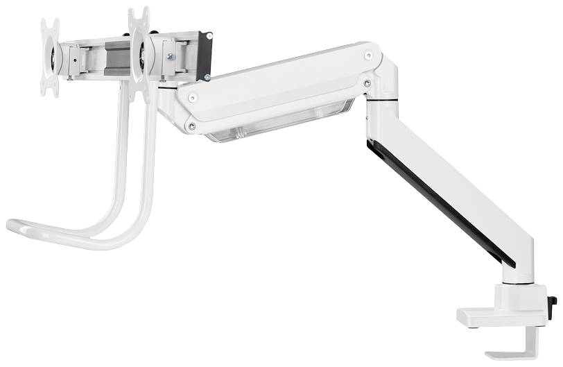 En hvid monitorarm med et fleksibelt led til fastgørelse på et bord, egnet til to skærme op til 27 tommer.