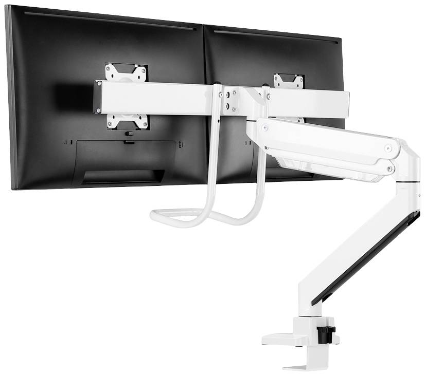 En hvid, justerbar dobbelt monitorarm holder to sorte skærme og er fastgjort ved kanten af et bord.